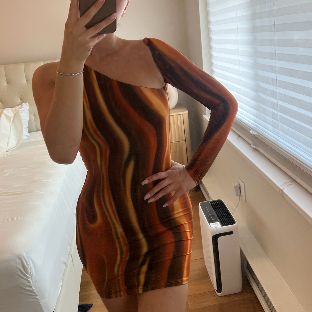 Miss Lola Brown and Orange One Shoulder Bodycon Dress